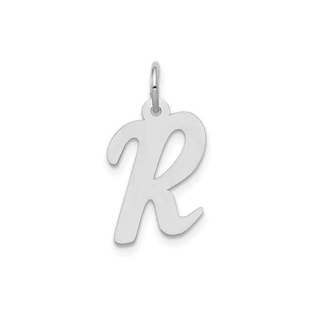 14k White Gold Script R Pendant, Polished Uppercase Letter Charm for Women