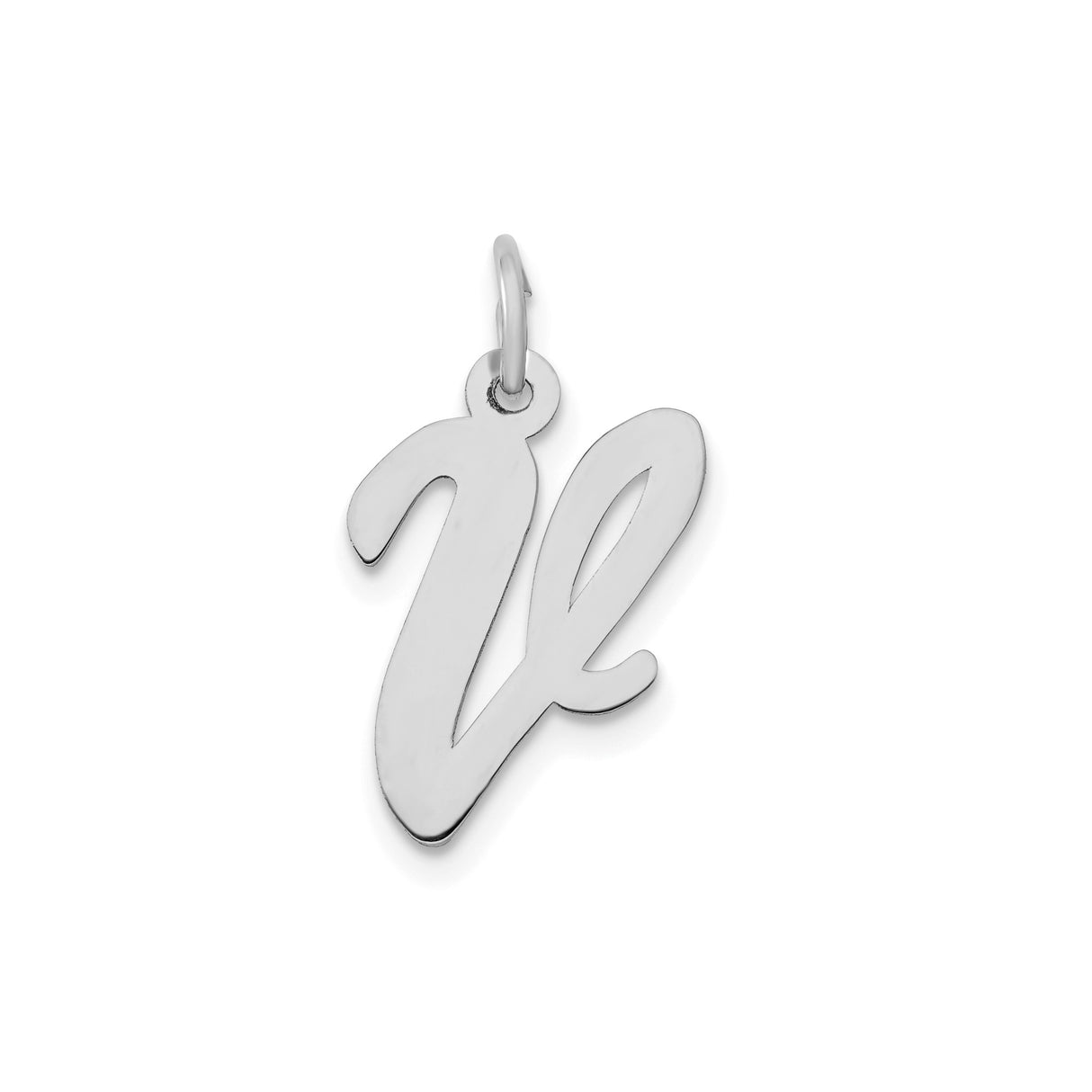 14k White Gold Script Letter V Pendant, Polished Cursive Initial Charm for Women