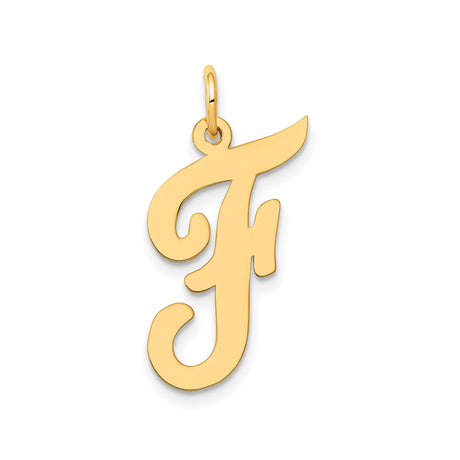 14k Yellow Gold Initial F Pendant, Polished Script Letter Charm, Unisex Monogram Jewelry