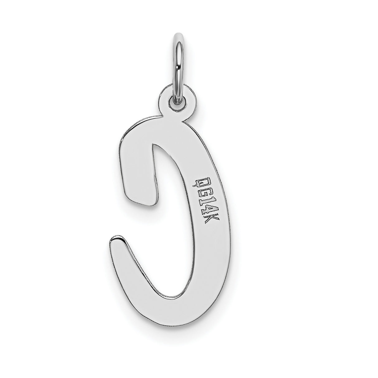 Large Polished Flat Script Upper Case Letter C Initial Charm Pendant in Real 14k White Gold