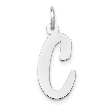 Large Polished Flat Script Upper Case Letter C Initial Charm Pendant in Real 14k White Gold