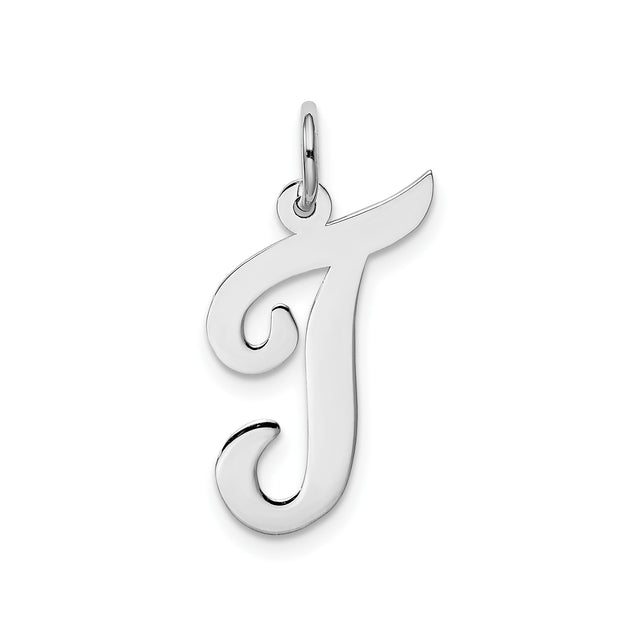 14k White Gold Script Uppercase J Initial Pendant, Polished Flat Letter Charm for Women