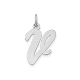 14k White Gold Script Initial V Pendant, Polished Cursive Letter Charm for Women