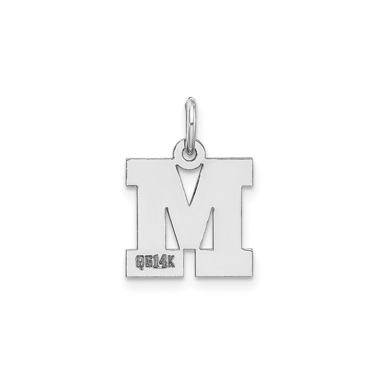 14k White Gold Letter M Pendant Charm with Polished Finish, Block Initial Design for Women