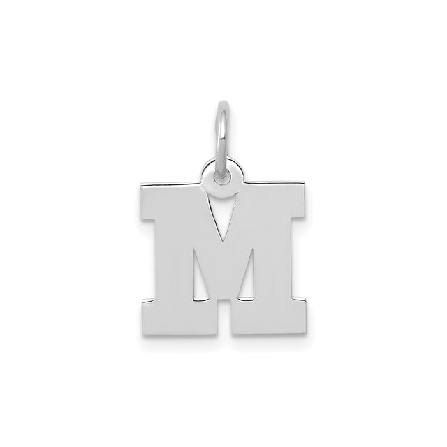14k White Gold Letter M Pendant Charm with Polished Finish, Block Initial Design for Women