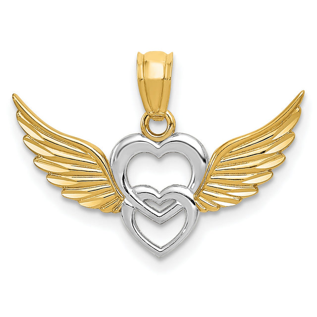 14k Multi-Tone Gold Angel Heart Pendant with Interlocking Hearts and Wings