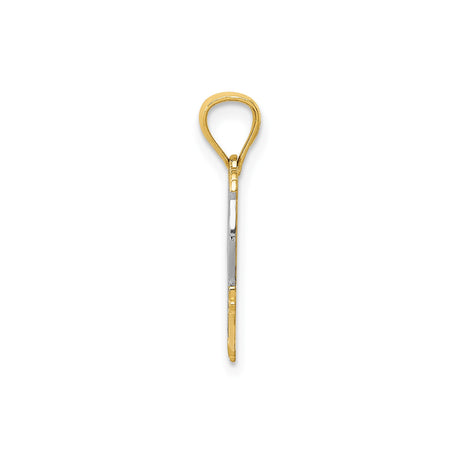 14k Yellow Gold and Rhodium Heart Pendant, Mom Script Accent, Floral Scrollwork Design