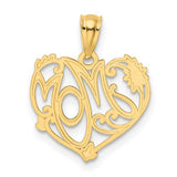 14k Yellow Gold and Rhodium Heart Pendant, Mom Script Accent, Floral Scrollwork Design