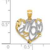 14k Yellow Gold and Rhodium Heart Pendant, Mom Script Accent, Floral Scrollwork Design