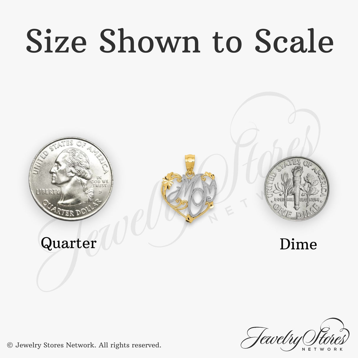 14k Yellow Gold and Rhodium Heart Pendant, Mom Script Accent, Floral Scrollwork Design