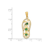 14k Yellow Gold Flip-Flop Pendant with Green Enamel Sea Turtles, Tropical Beach Charm