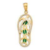14k Yellow Gold Flip-Flop Pendant with Green Enamel Sea Turtles, Tropical Beach Charm