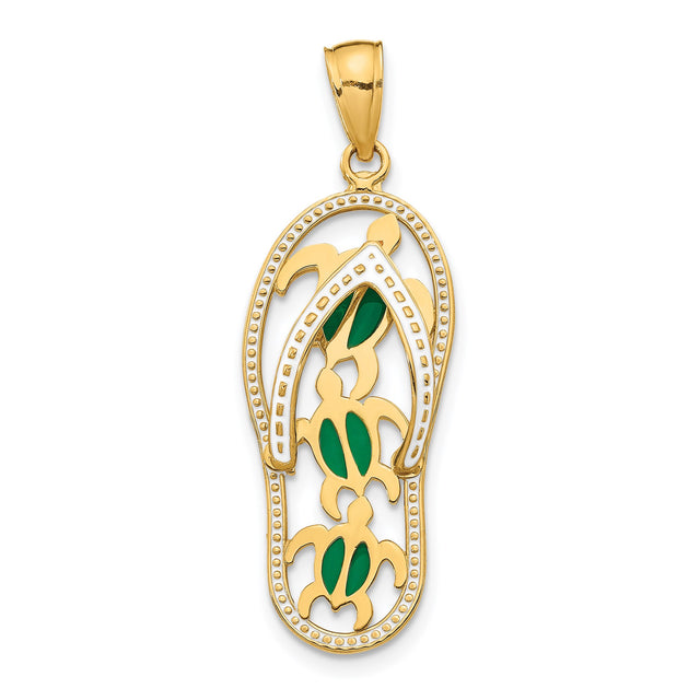 14k Yellow Gold Flip-Flop Pendant with Green Enamel Sea Turtles, Tropical Beach Charm