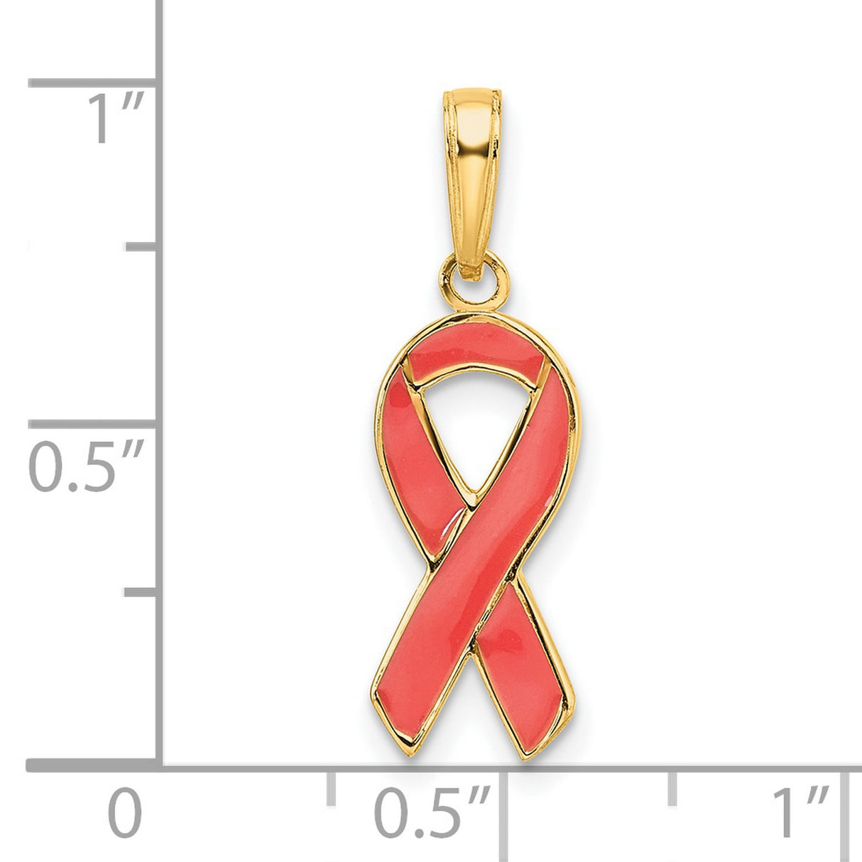 14k Yellow Gold Pendant with Pink Awareness Ribbon and Glossy Enamel Finish for Women