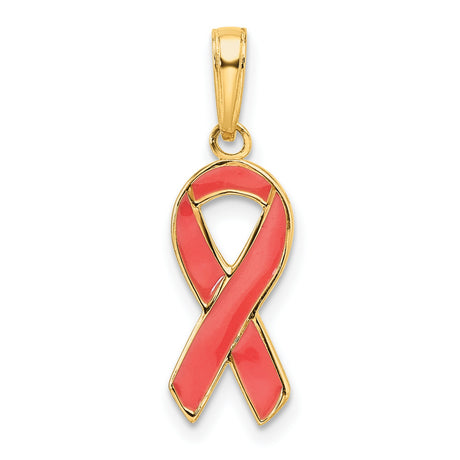 14k Yellow Gold Pendant with Pink Awareness Ribbon and Glossy Enamel Finish for Women