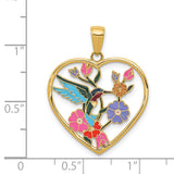 14k Yellow Gold Heart Pendant with Colorful Enamel Hummingbird and Floral Design