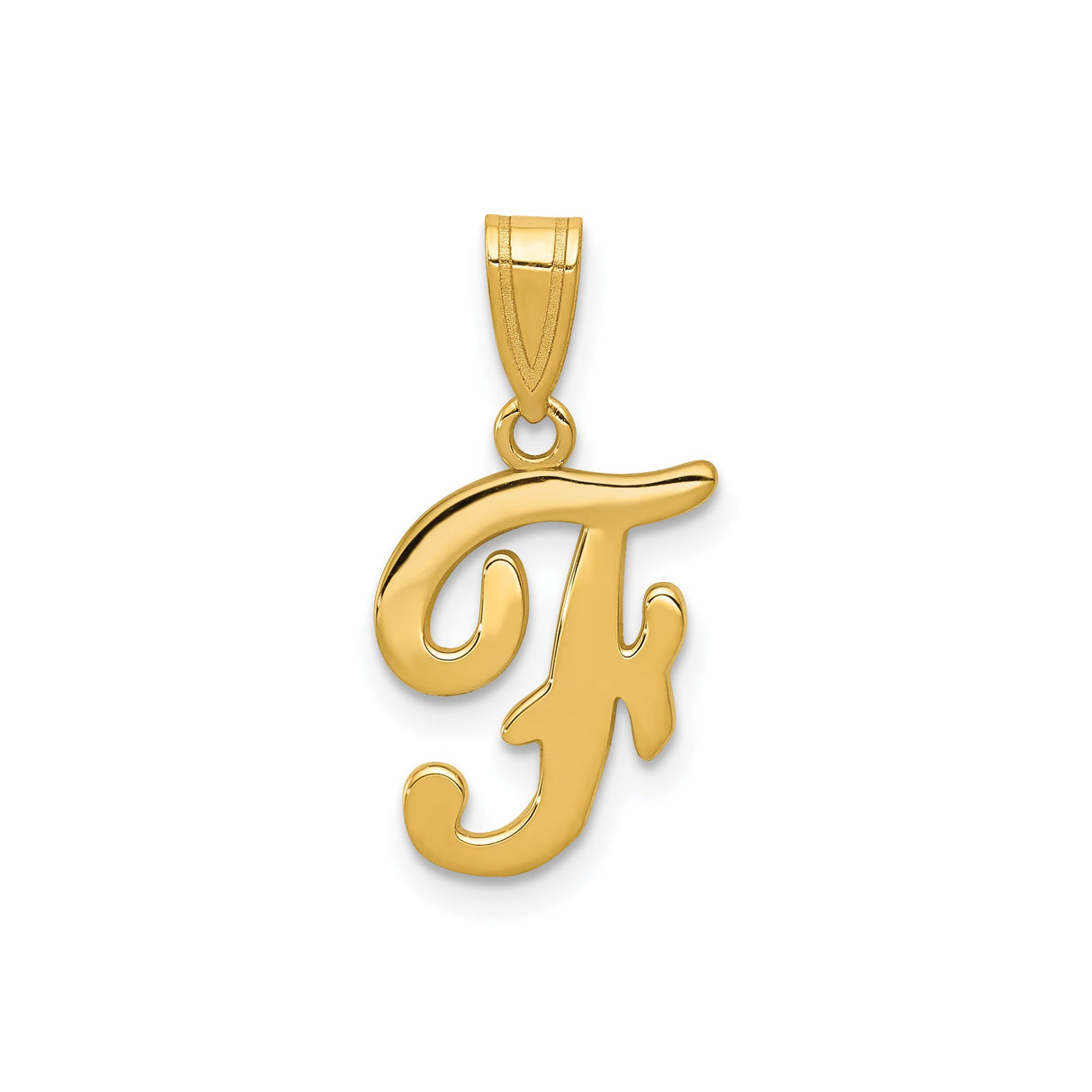 14k Yellow Gold Script Initial F Pendant, Polished Monogram Alphabet Charm