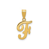 14k Yellow Gold Script Initial F Pendant, Polished Monogram Alphabet Charm