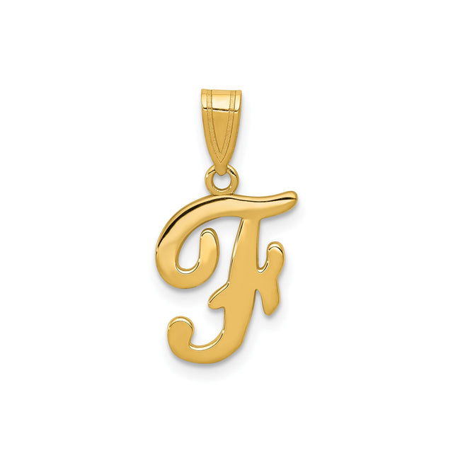 14k Yellow Gold Script Initial F Pendant, Polished Monogram Alphabet Charm