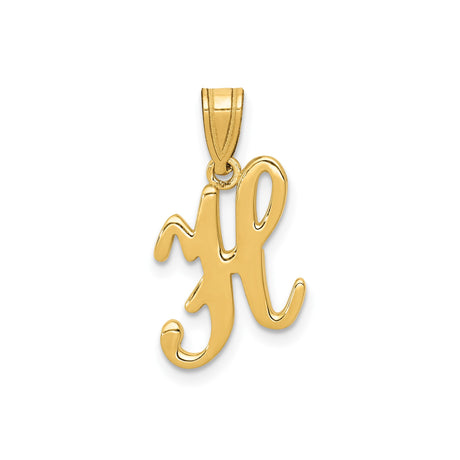 14k Yellow Gold Script Initial Pendant, Polished Cursive Letter H Charm for Women