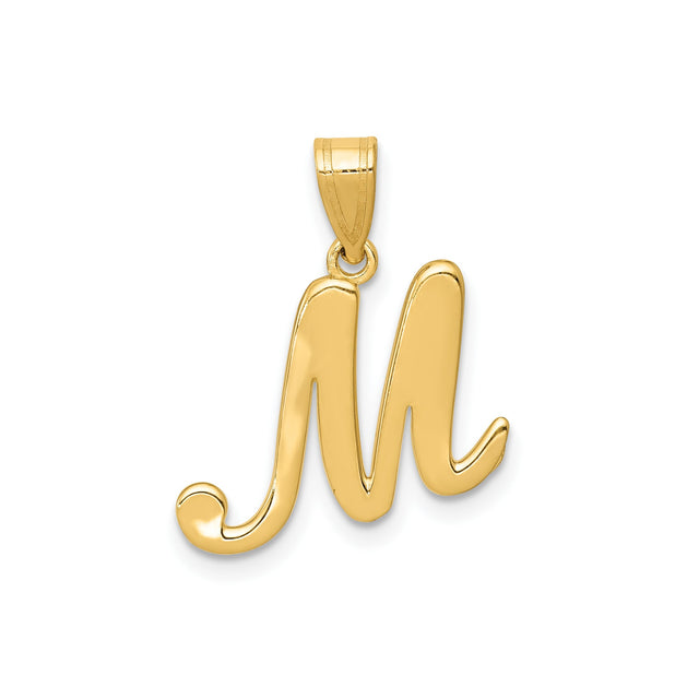 14k Yellow Gold Script Initial M Pendant, Polished Cursive Letter Charm for Women
