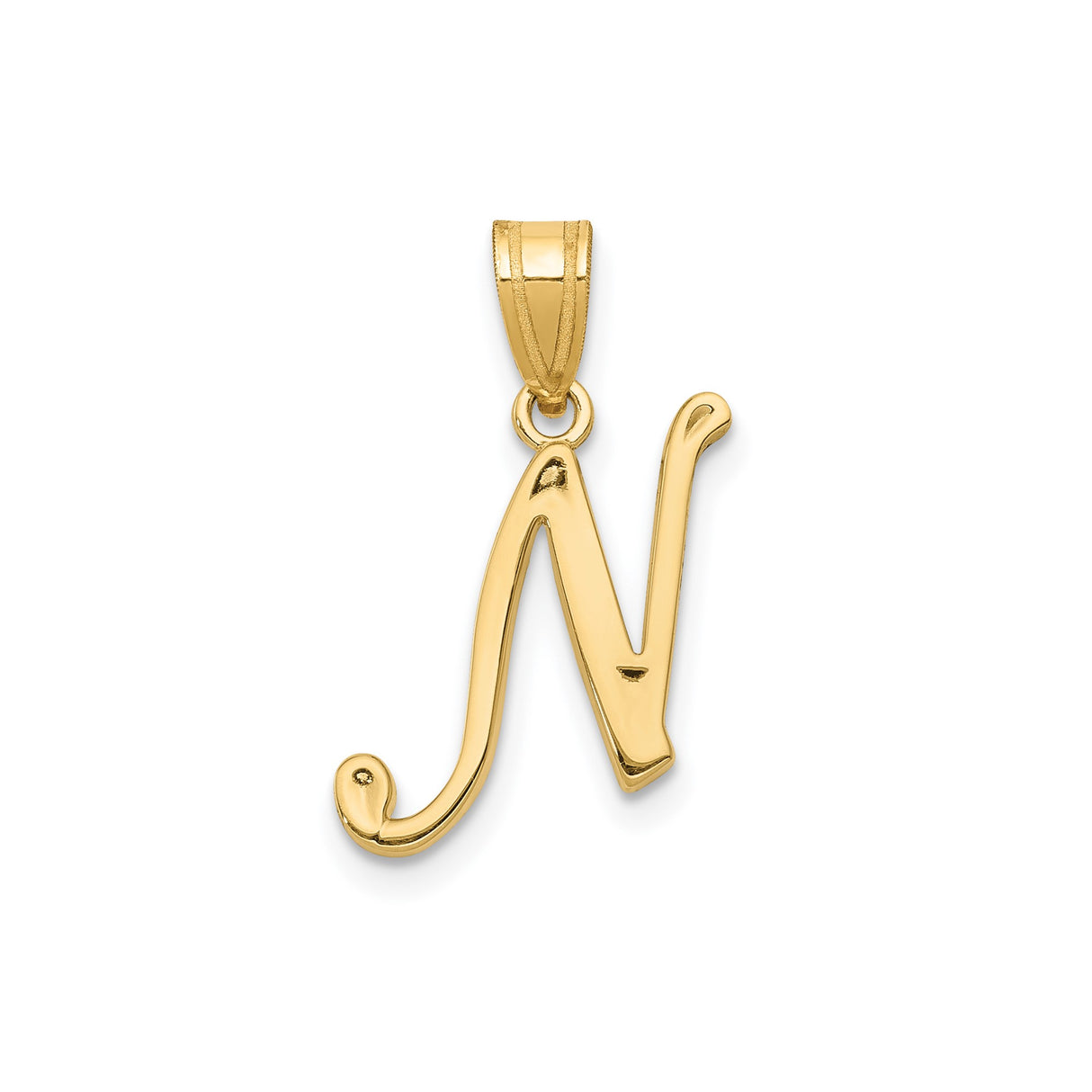 14k Yellow Gold Script Initial Pendant, Polished Cursive Letter N Charm for Women