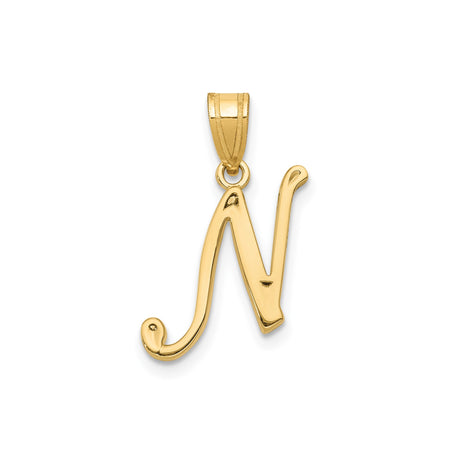 14k Yellow Gold Script Initial Pendant, Polished Cursive Letter N Charm for Women