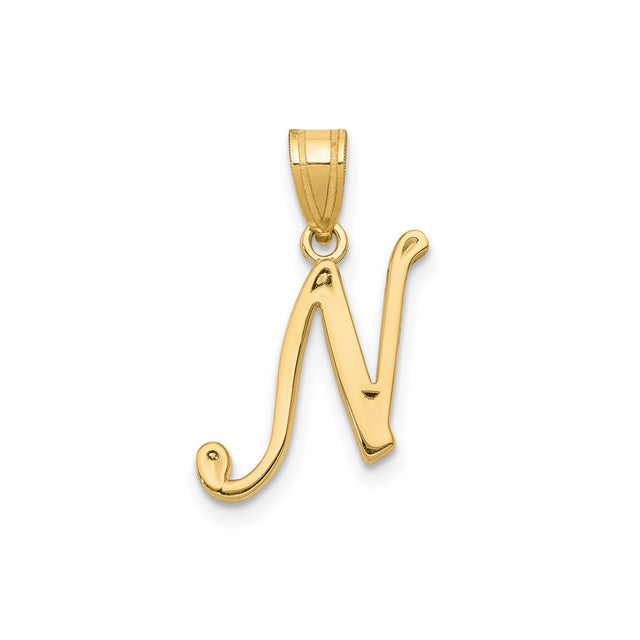 14k Yellow Gold Script Initial Pendant, Polished Cursive Letter N Charm for Women