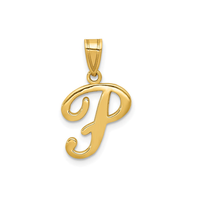 14k Yellow Gold Letter P Pendant, Polished Script Initial Charm for Women or Unisex Wear