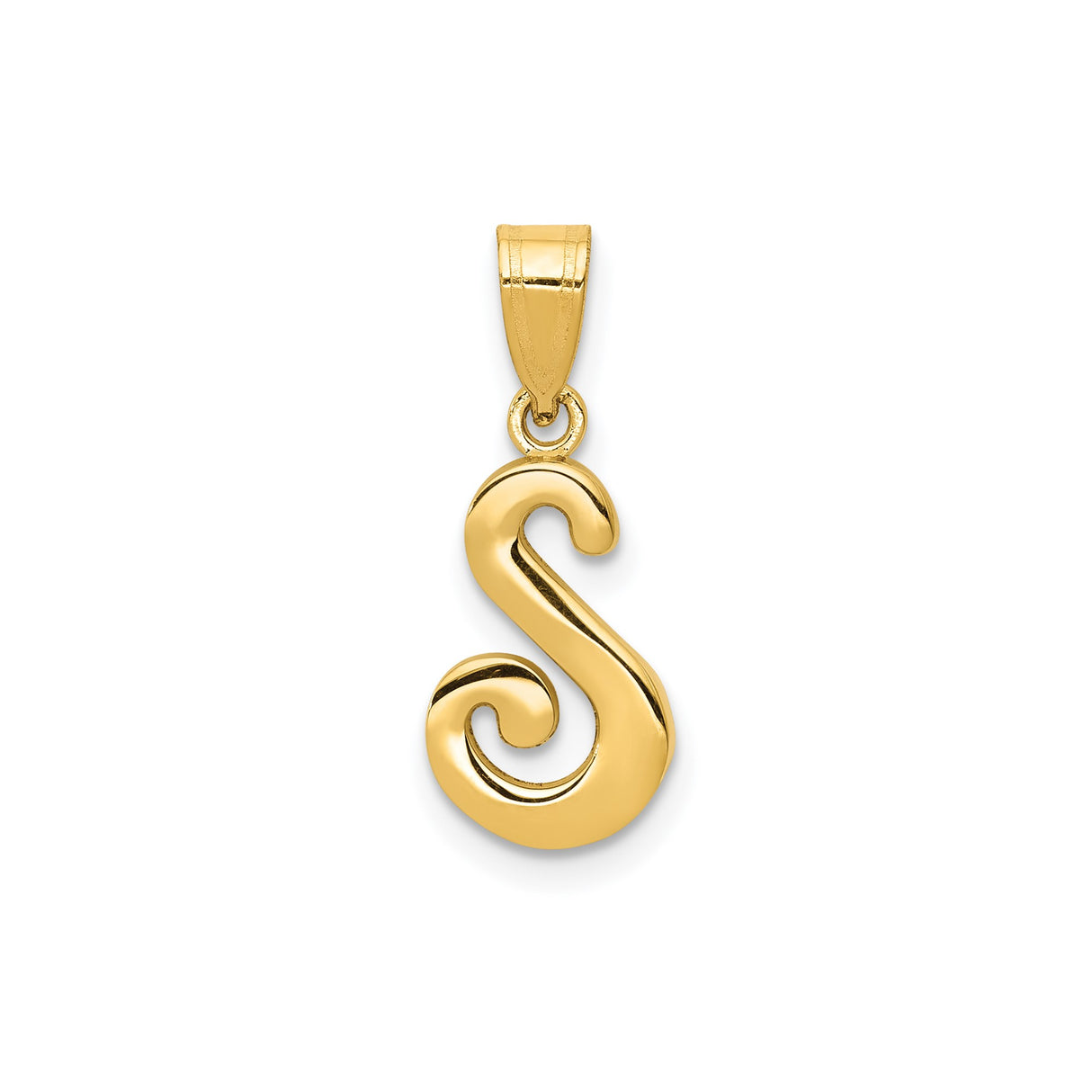 14k Yellow Gold Script Initial S Pendant, Polished Cursive Alphabet Letter Charm for Women or Unisex