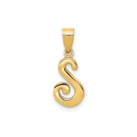 14k Yellow Gold Script Initial S Pendant, Polished Cursive Alphabet Letter Charm for Women or Unisex