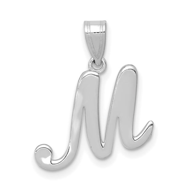 14k White Gold Script Initial M Pendant, Polished Letter Charm for Women