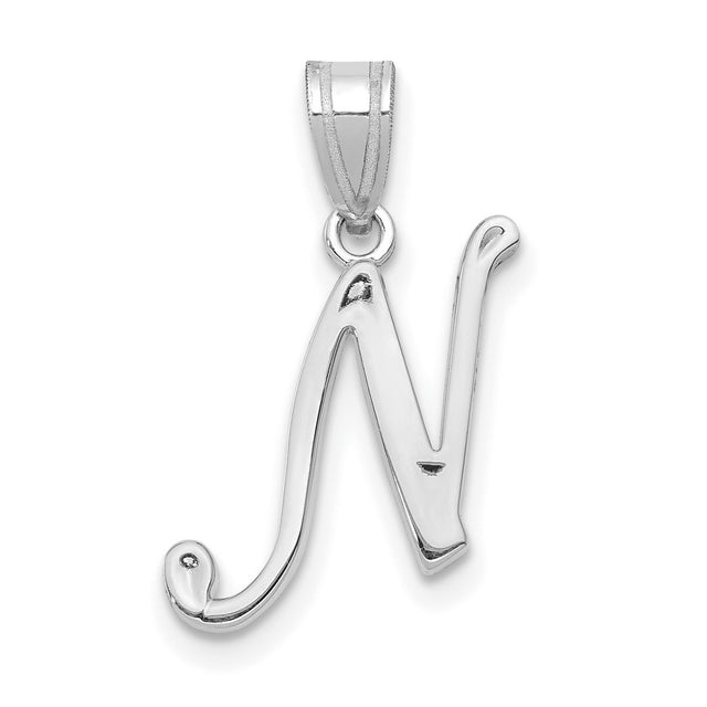 14k White Gold Initial Pendant Charm, Script Letter N, Polished Finish, Minimalist Jewelry for Women