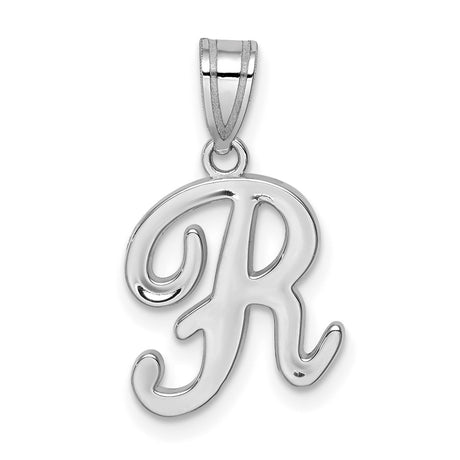 14k White Gold Script Letter R Pendant, Polished Cursive Initial Charm for Women