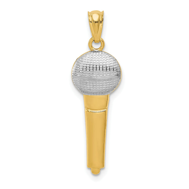 14k Yellow Gold and Rhodium Microphone Pendant, Two-Tone Music Charm for Men