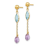 14k Yellow Gold Dangle Earrings with Marquise Blue Topaz and Teardrop Amethyst