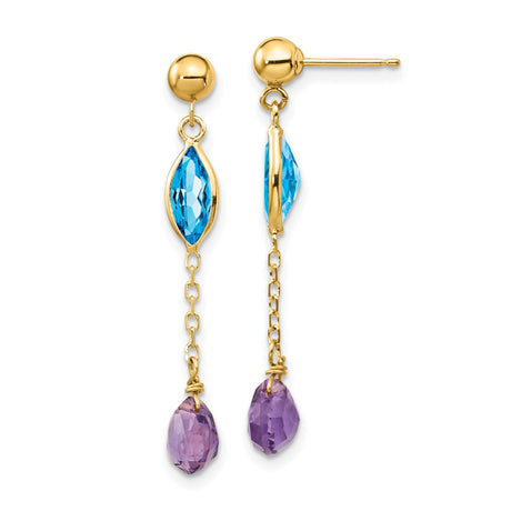 14k Yellow Gold Dangle Earrings with Marquise Blue Topaz and Teardrop Amethyst
