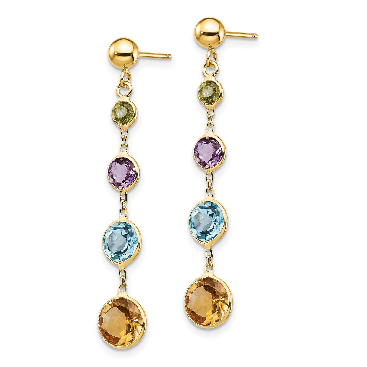14k Yellow Gold Dangle Earrings with Amethyst, Citrine, Blue Topaz, and Peridot