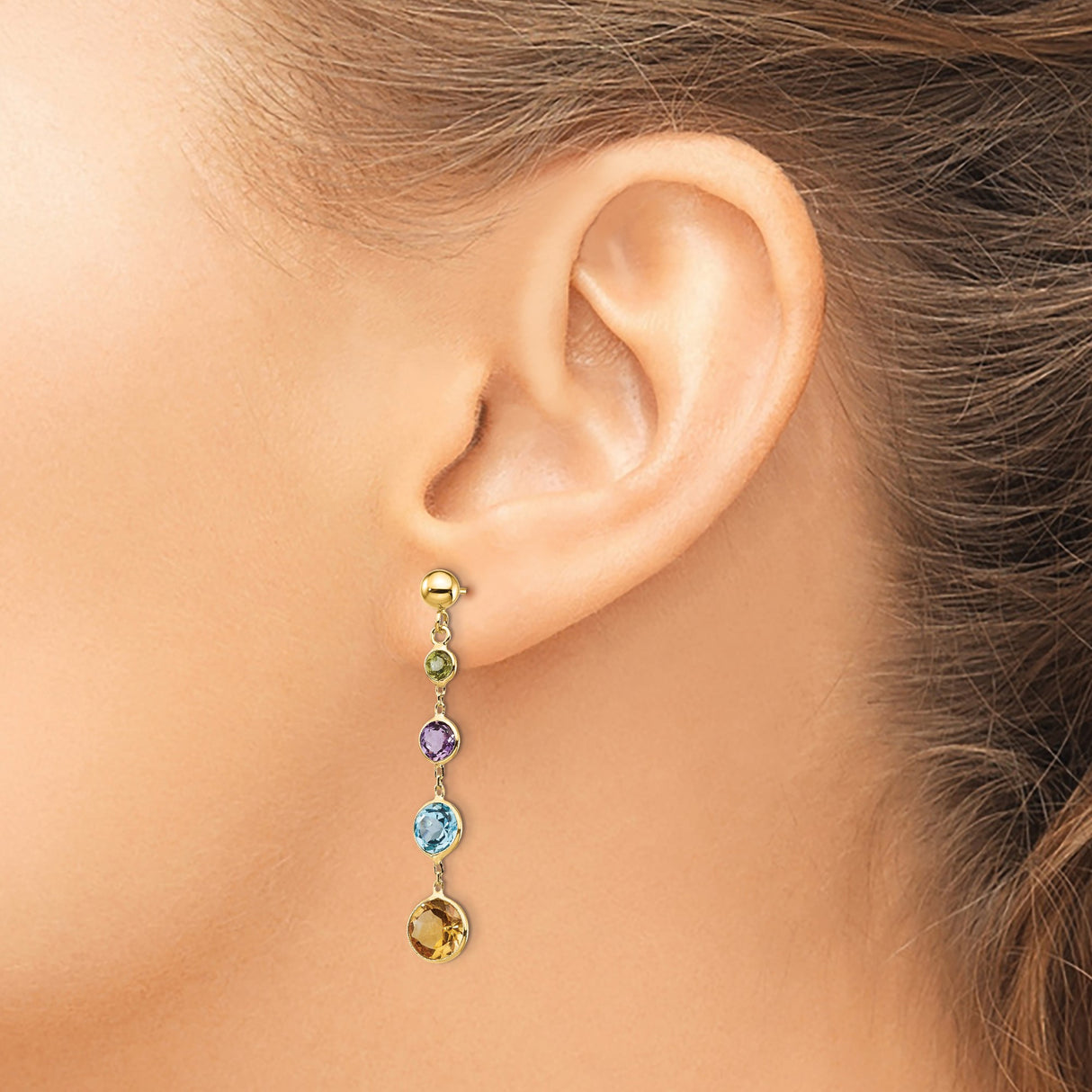 14k Yellow Gold Dangle Earrings with Amethyst, Citrine, Blue Topaz, and Peridot