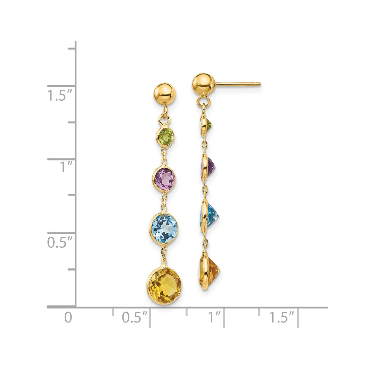 14k Yellow Gold Dangle Earrings with Amethyst, Citrine, Blue Topaz, and Peridot