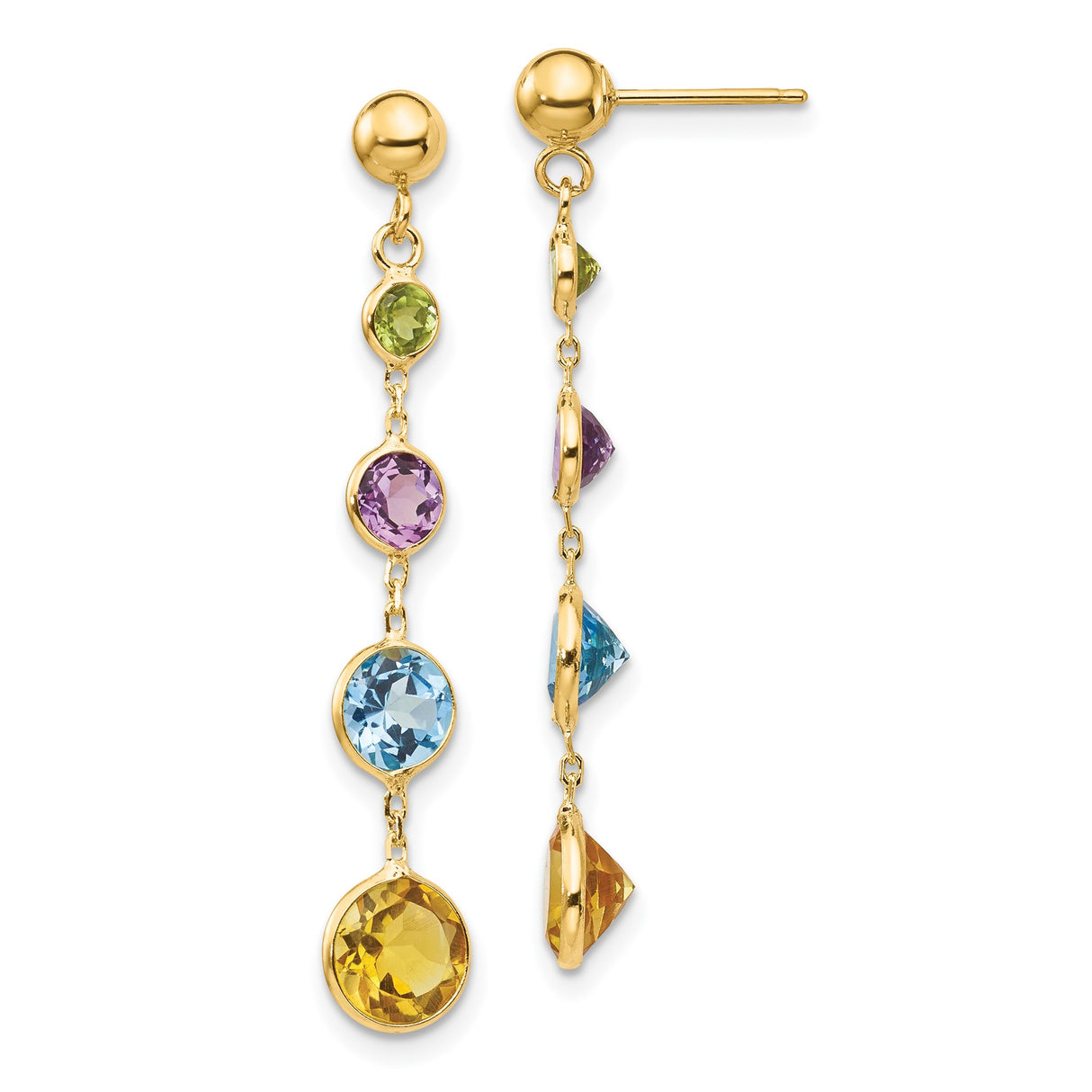 14k Yellow Gold Dangle Earrings with Amethyst, Citrine, Blue Topaz, and Peridot