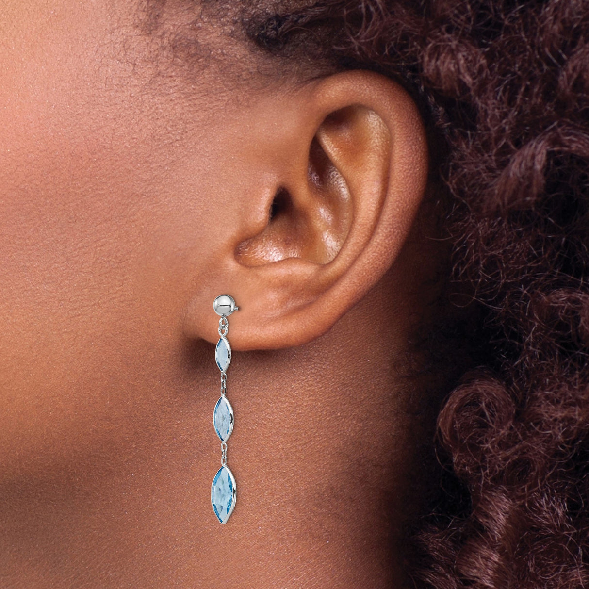 14k White Gold Dangle Earrings with Marquise Swiss Blue Topaz, Long Modern Design for Women