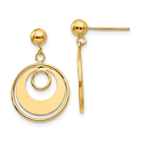 14k Yellow Gold Dangle Earrings, Open Circle Design with Concentric Rings, Lightweight Geometric Style
