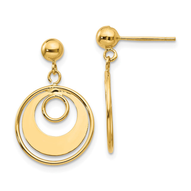 14k Yellow Gold Dangle Earrings, Open Circle Design with Concentric Rings, Lightweight Geometric Style