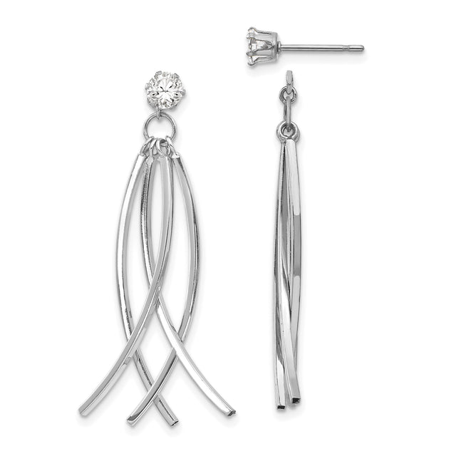 14k White Gold Dangle Drop Earrings with Cubic Zirconia, Curved Bar Design, Modern Style