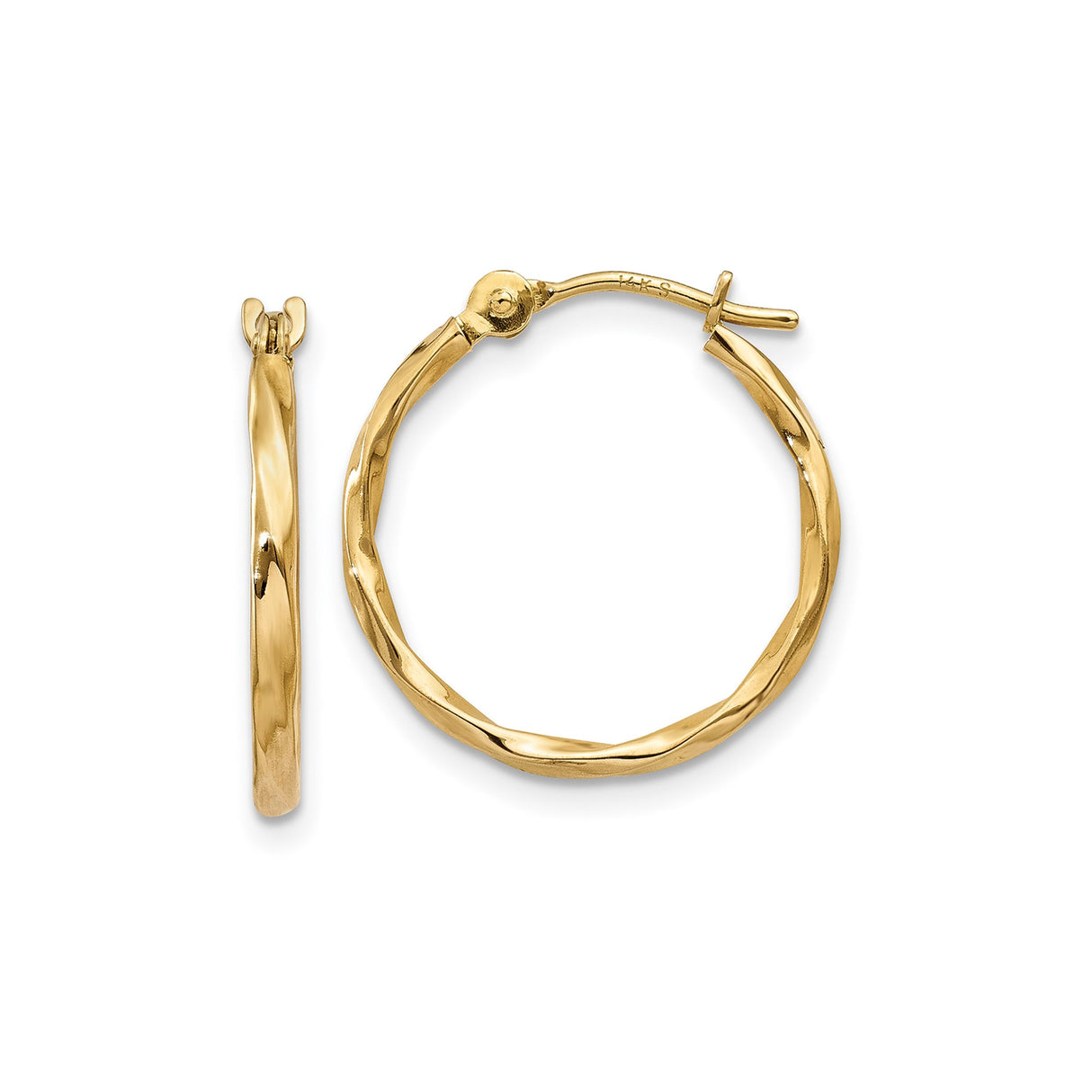 14k Yellow Gold Twisted Hoop Earrings with Polished Finish and Faceted Texture for Women
