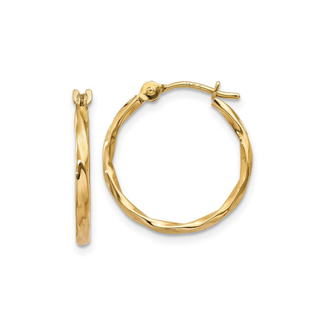 14k Yellow Gold Twisted Hoop Earrings with Polished Finish and Faceted Texture for Women