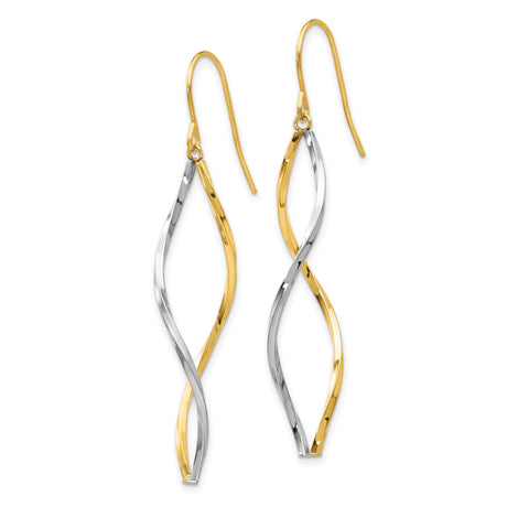 14k Yellow Gold Dangle Earrings, Two-Tone Twisted Interwoven Design, Modern Flowing Style