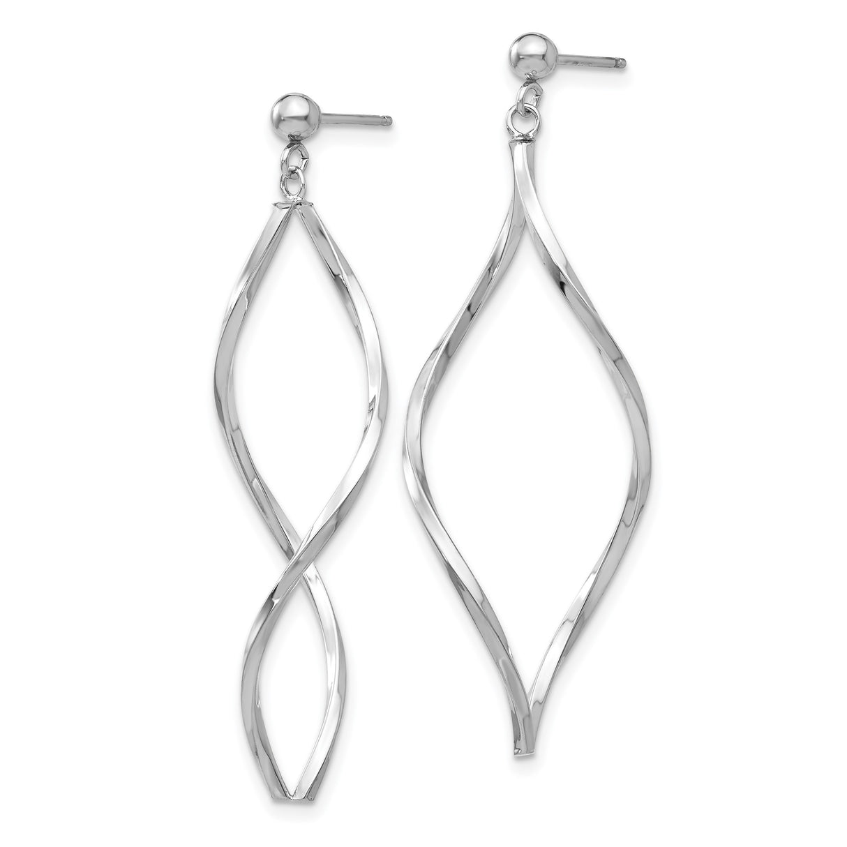 14k White Gold Dangle Earrings with Open Teardrop Twist Design, High Polish Finish