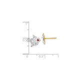 14k Yellow Gold Fish Stud Earrings with Red and Clear Cubic Zirconia Accents